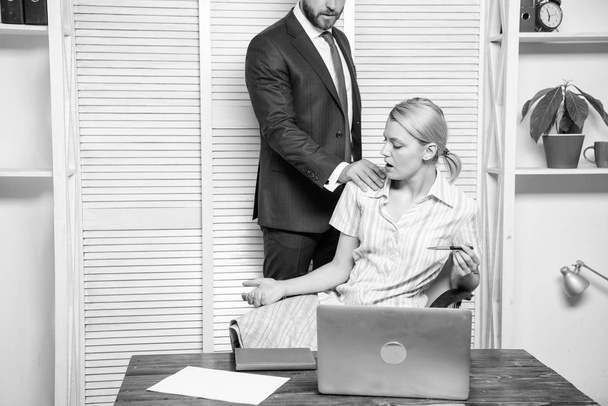 Mad at colleague. Workforce sexual harassment. Sexual Harassment at the office. - Fotoğraf, Görsel