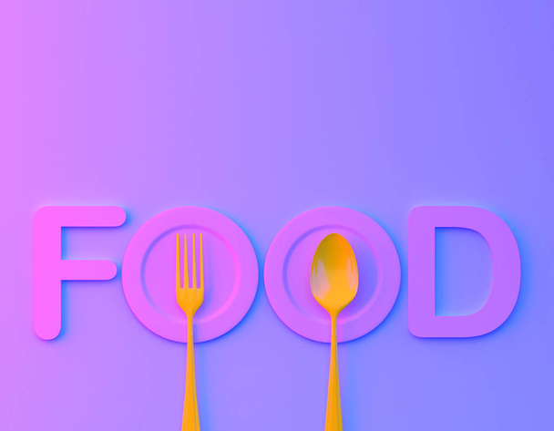 Food word sign logo with spoon and fork in bvibrant bold gradient purple and blue holographic colors background. minimal food concept. Cafe or restaurant emblem. - Foto, Bild