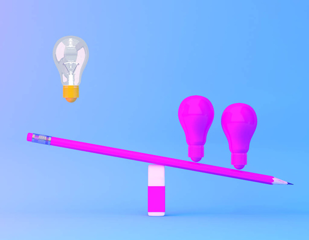 青い背景に鉛筆シーソーのピンクの球根の間に浮かぶ光の輝き電球。最小限のアイデアコンセプト. - 写真・画像