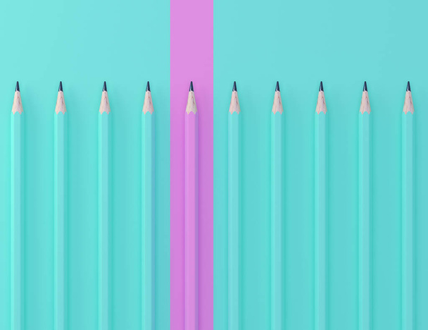 Różowy ołówek i niebieski ołówek na niebieskim tle pastelowych. minimalnej koncepcji twórczej. Pomysł na przywództwo biznesowe, myśleć różne. - Zdjęcie, obraz