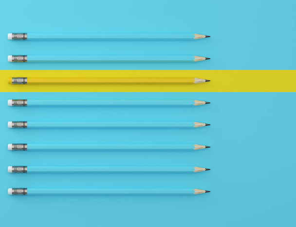 Lápis amarelo e lápis azul sobre fundo pastel azul. conceito criativo mínimo. A ideia sobre a liderança empresarial, pense diferente
. - Foto, Imagem