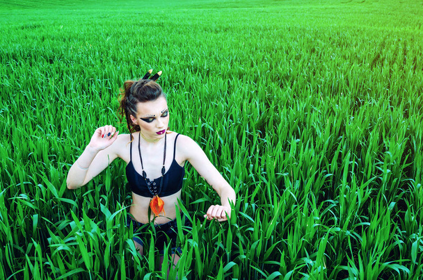 Chica de maquillaje agresivo, personaje amazónico en un campo de trigo verde
. - Foto, imagen