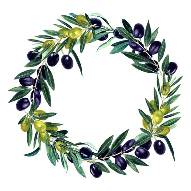 オリーブの枝の花輪 水彩画塗装 - 写真・画像