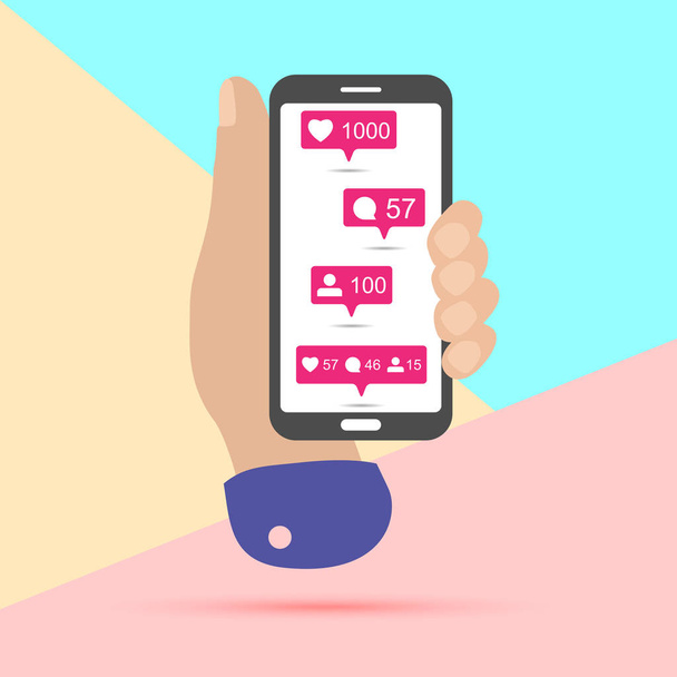 hand houden mobiele telefoon withshare, zoals, commentaar, repost Social Media UI iconen op het scherm met schaduw op Pastel gekleurde blauwe en roze achtergrond. Roze Bubble icon set voor websites, blog, mobiele inte - Vector, afbeelding