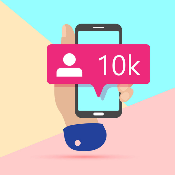 platte lay moderne minimale hand houden mobiele telefoon met nieuwe roze tien Chiliad als volgers sociale media iconon scherm met schaduw op Pastel gekleurde blauwe en roze achtergrond. Roze Bubble icon set voor  - Vector, afbeelding