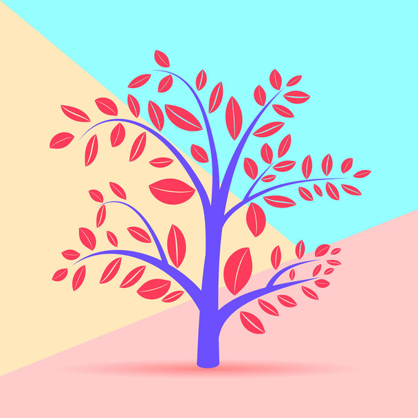 düz modern minimal soyut sonbahar ağacı siluet illüstrasyon simgesi mavi ve pembe pastel renkli arka plan üzerinde gölge ile - Vektör, Görsel