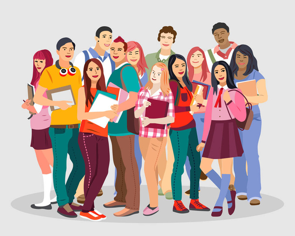 People and Education. Group of happy international students with books. Vector illustration in a flat style - Vector, Image