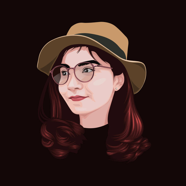 Head image of a female character that was created to look cute and bright, she has dark brown hair Wearing a light brown brim hat and glasses, she has a plump face. - Vector - Vector, Image