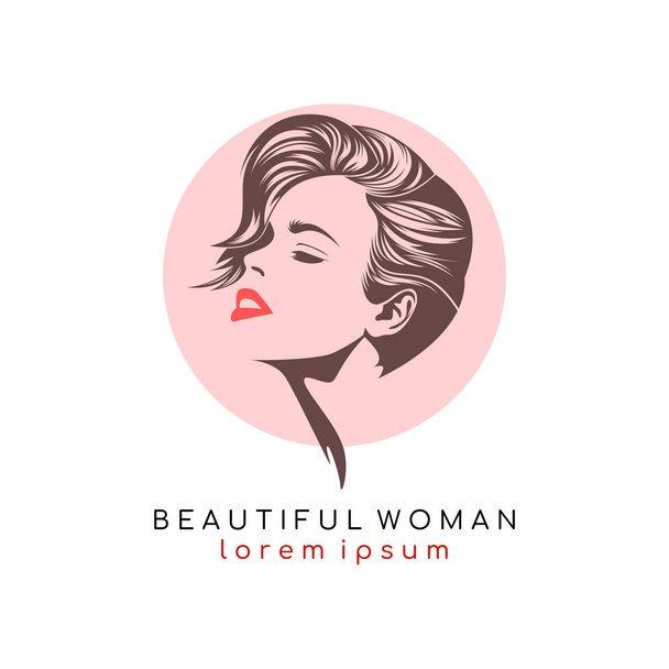 Logotipo de rosto de mulher de cabelo curto moderno Penteado vintage, penteado curto sob o conceito de salão de cabeleireiro ou salão de beleza - Vector
 - Vetor, Imagem