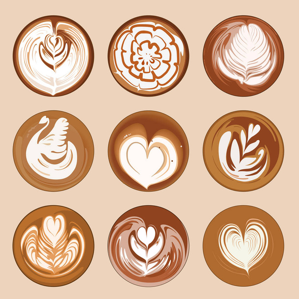 Joukko latte art kahvi vektori, Kuvitus latte art top view, suosittu tyyli latte
 - Vektori, kuva