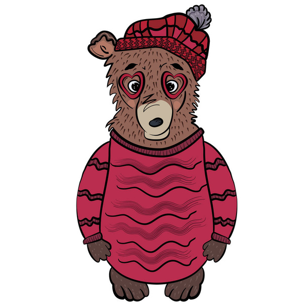 Leuke winter teddybeer met bril in vorm van hart en in Bourgondië Beret. Beer in een lange Crimson trui. Mode dieren. Het zoete gevoel van liefde. Aftelkalender voor Valentijnsdag. Illustratie voor poster, Case, - Vector, afbeelding