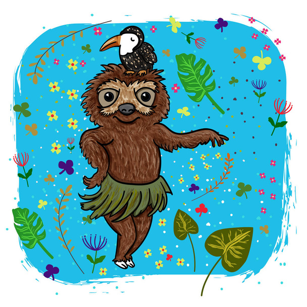 Der Tanz der Faultiere. Der Tukan schlummert auf dem Kopf des Tieres. hawaiianischen Stil. Blätterhintergrund - Vektor. - Vektor, Bild
