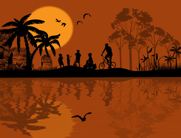 children silhouette on sunset - Vector, Image
