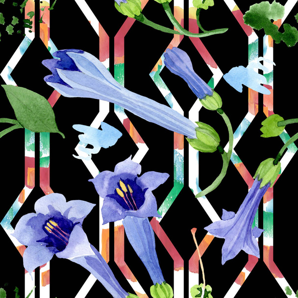 Azul brugmansia flores botânicas florais. Conjunto de ilustração de fundo aquarela. Padrão de fundo sem costura
. - Foto, Imagem