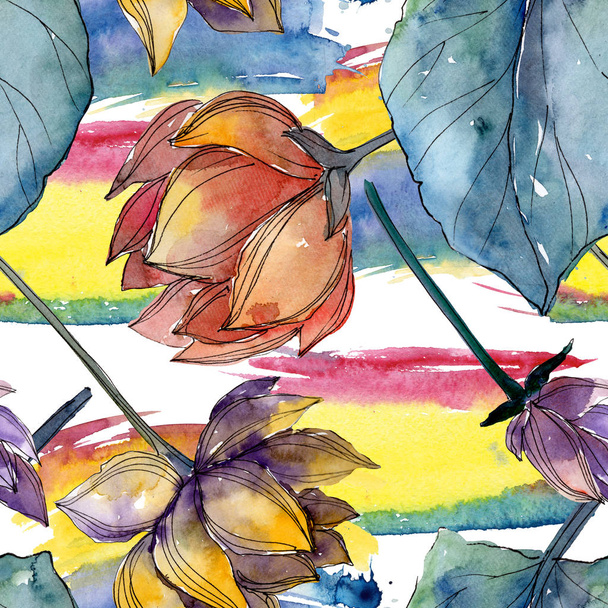 Lotus fleurs botaniques florales. Ensemble d'illustration de fond aquarelle. Modèle de fond sans couture
. - Photo, image
