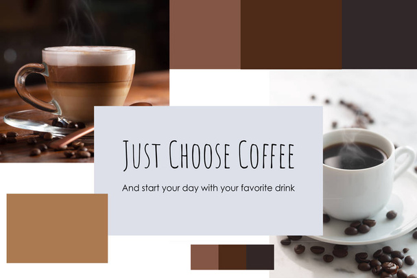エスプレッソまたはアメリカーノコーヒーのカップと食品コラージュ - 写真・画像