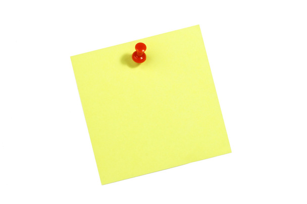 Yellow blank card with push pin on white background - Photo, Image