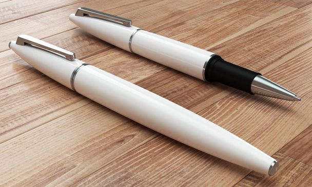 3d illustration render of white ball pens mockup on wooden backg - Photo, Image