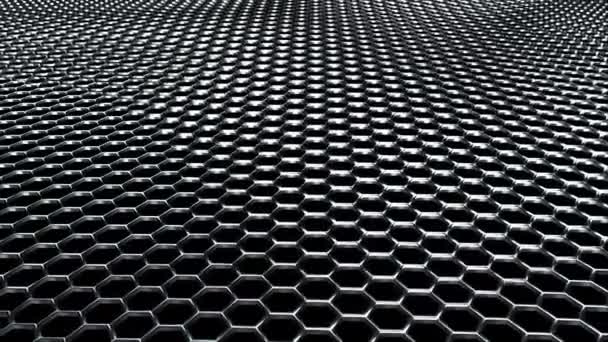 Волнистая металлическая сетка из блестящих серебряных шестиугольников. Сгенерированный компьютером современный фон, 3D рендеринг
. - Кадры, видео