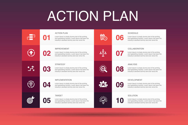 σχέδιο δράσης Ενημερωτικό γράφημα 10 πρότυπο επιλογής. βελτίωση, στρατηγική, εφαρμογή, απλή ανάλυση εικονιδίων - Διάνυσμα, εικόνα