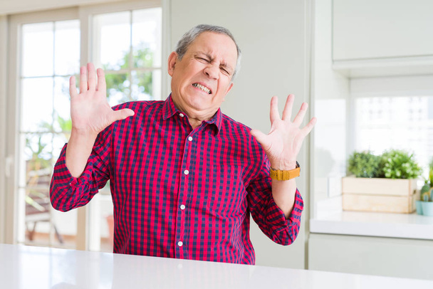 Handsome senior man at home crazy and mad shouting and yelling with aggressive expression and arms raised. Frustration concept. - Photo, Image