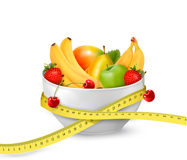 Diet meal. Fruit in a bowl with measuring tape. Concept of diet. - Vettoriali, immagini