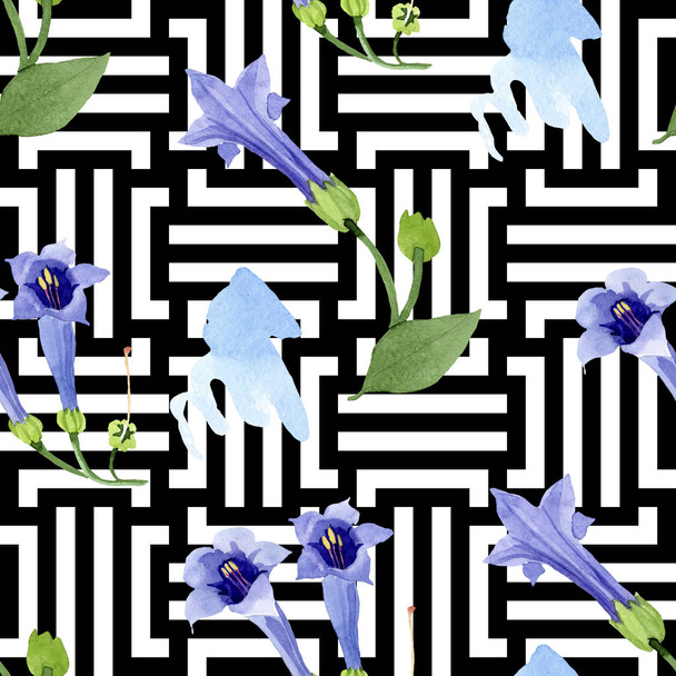 Mavi brugmansia çiçek botanik çiçekleri. Suluboya arka plan illüstrasyon seti. Kesintisiz arka plan deseni. - Fotoğraf, Görsel