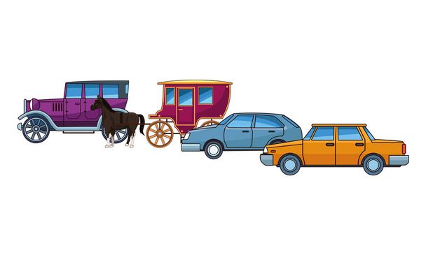 Veículos automóveis clássicos e carruagens de cavalos
 - Vetor, Imagem