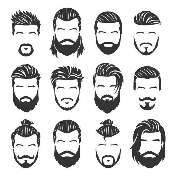 12 Set of vector bearded men faces with different haircuts and style pack - Вектор, зображення