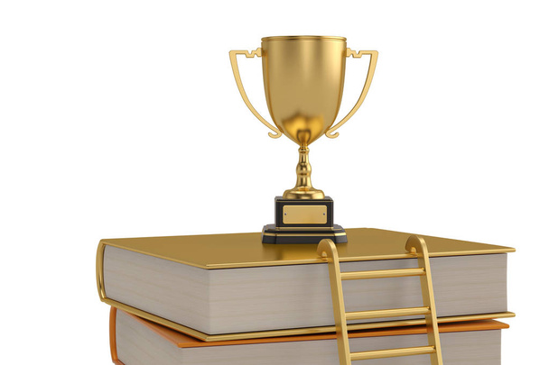 Zlatá trofej na vrcholu knih. izolovaný na bílém b - Fotografie, Obrázek