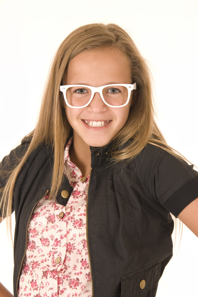 Girl with white glasses big smile - Photo, Image