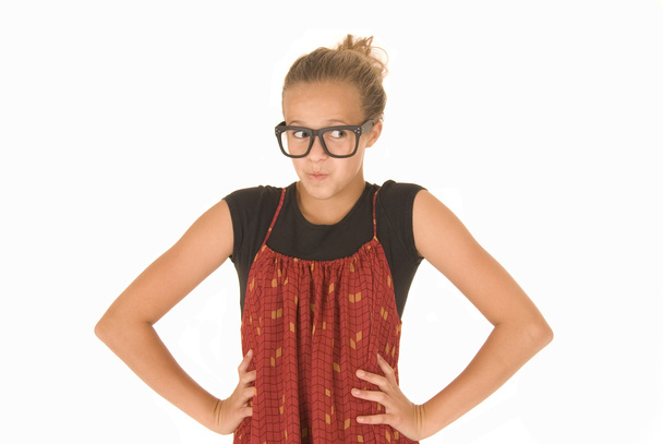 Girl in trendy black glasses and red and black top - 写真・画像