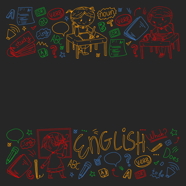 Escuela de inglés para niños. Aprende el idioma. Ilustración del vector educativo. Niños dibujo doodle estilo imagen
. - Vector, imagen