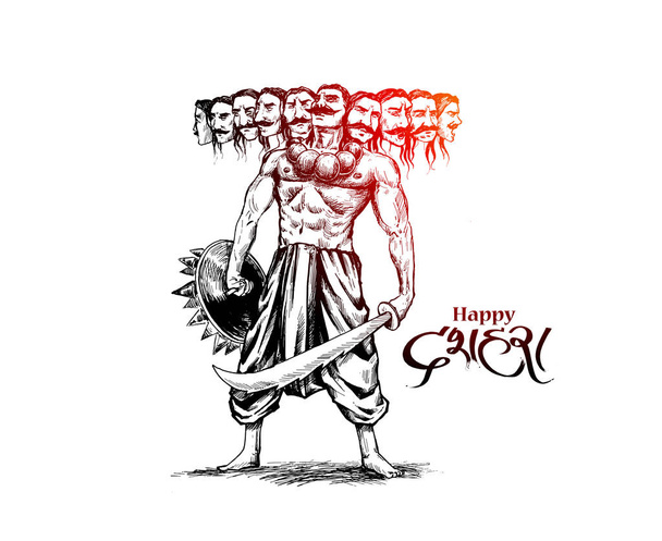 Dussehra ünnepe-dühös Ravana tíz fejjel, kézzel rajzolt S - Vektor, kép