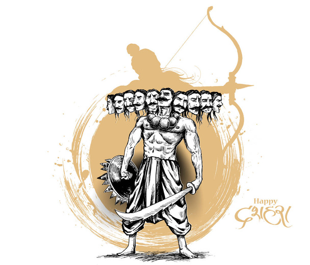 Święto Dussehra-zły Ravana z dziesięciu głowami, ręcznie rysowane S - Wektor, obraz