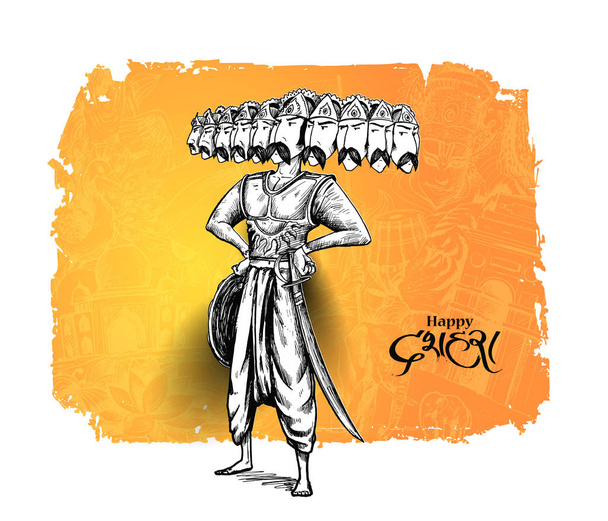 Dussehra celebración - Enojado Ravana con diez cabezas, Dibujado a mano S
 - Vector, Imagen