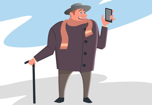 An old man in a hat walks with a cane. - Vector, Image