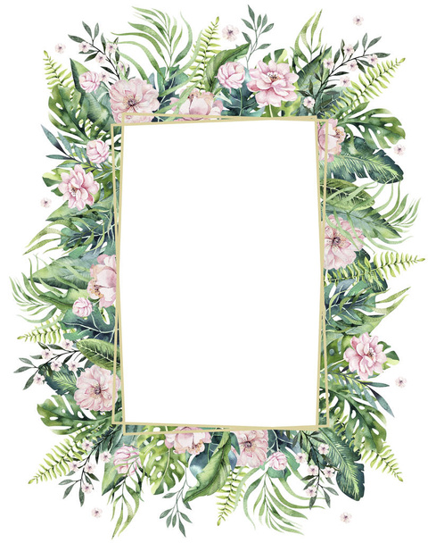 Hand drawn watercolor tropical gold florariums with flamingo. Exotic florarium frame illustrations for text, jungle backgraund Perfect for wedding Aloha invitation - Φωτογραφία, εικόνα