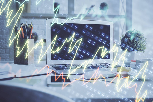 Stock market graph on background with desk and personal computer. Double exposure. Concept of financial analysis. - Photo, Image