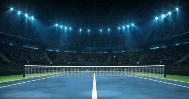 Oświetlony kort tenisowy niebieski przed grą w hali pełnej widzów, profesjonalny tenis Sport 4K pętli animacji tła - Materiał filmowy, wideo