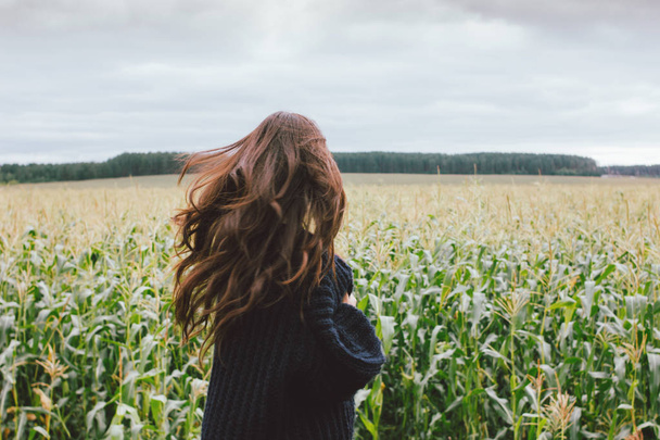 Belo cabelo longo despreocupado menina asiática em suéter de malha de trás no campo de milho outono. Sensibilidade ao conceito de natureza
 - Foto, Imagem