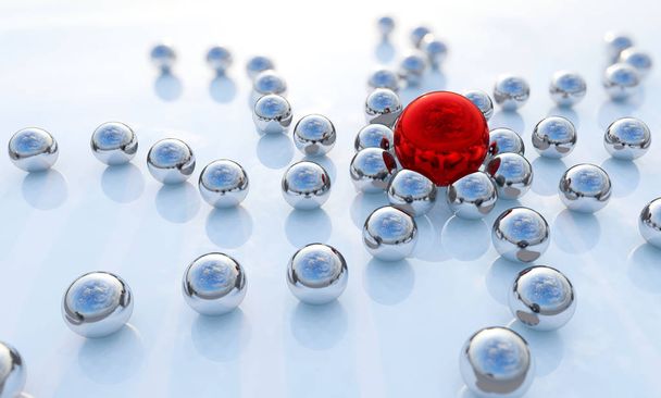 Concepto o colección conceptual de bolas con una roja que destaca sobre fondo azul como metáfora de la creatividad, el liderazgo y la independencia. Un coraje, acción y éxito 3d ilustración
 - Foto, imagen