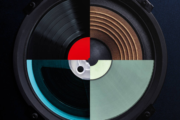 Music record production concept. Head of loudspeaker overlaid by - Photo, Image