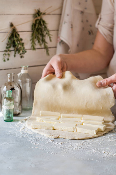 A Woman Making Puff Pastry Dough - 写真・画像