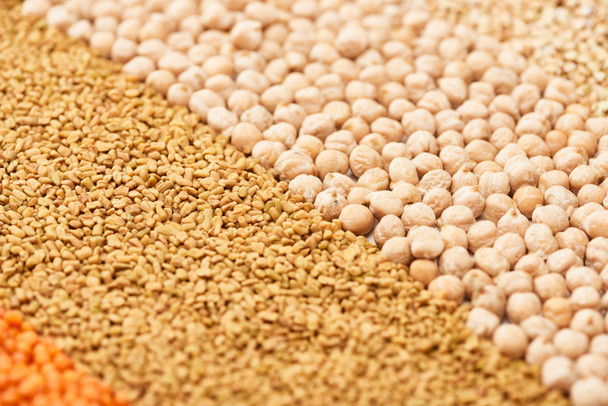 close up view of assorted dry grains and chickpea  - Photo, Image