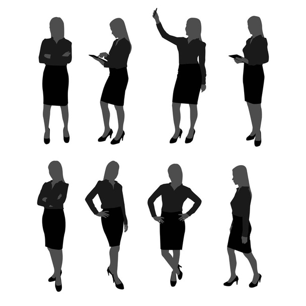 векторный набор силуэта бизнес-леди. бизнесвумен с различными действиями, такими как использование мобильного телефона, позирование, работа с планшетом
 - Вектор,изображение