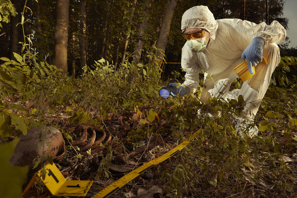 Older human remains found in forest - collecting of skeleton by police - Photo, image