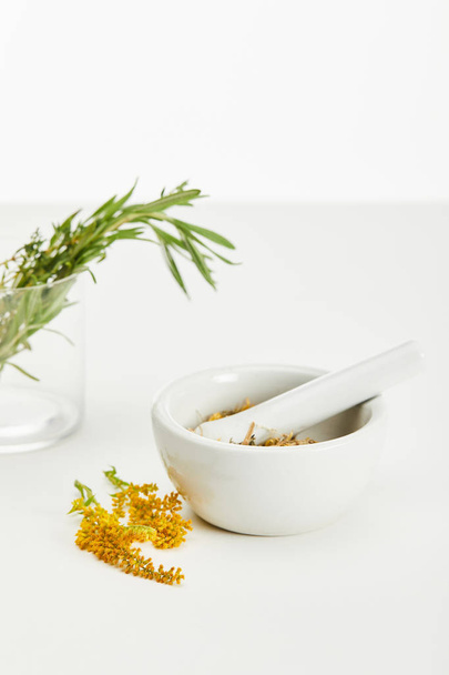 rama de varilla de oro cerca de mortero y pestle con mezcla de hierbas y y vidrio con plantas frescas sobre fondo blanco
 - Foto, imagen