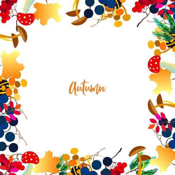 Autumn vector frame with berries, acorns, pine cone, mushrooms, branches and leaves. - Вектор,изображение
