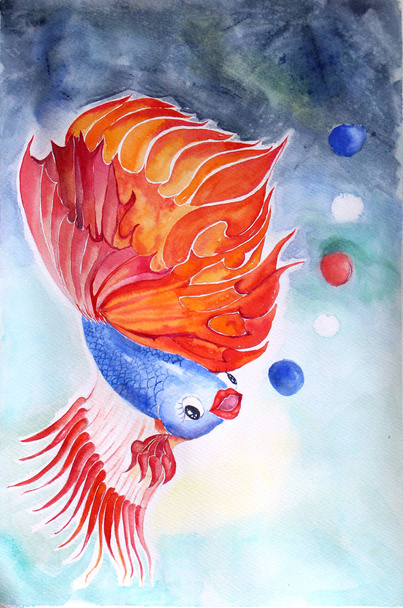 Ілюстрація сіамської боротьби з рибою на папері за допомогою кольорового олівця і техніки акварелі. Сіамська риба плаває у воді. - Фото, зображення